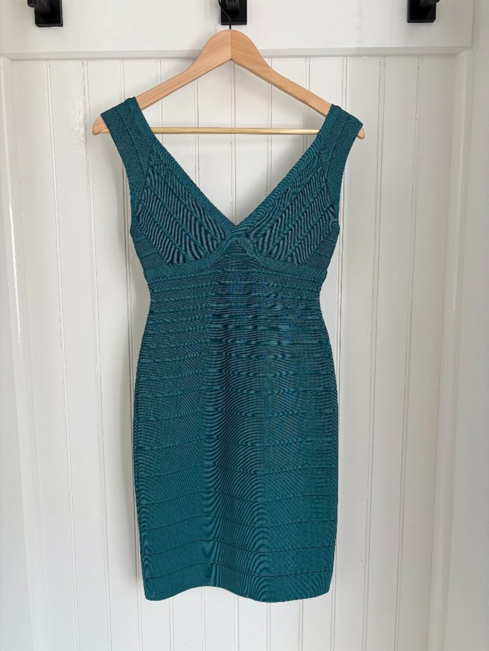 Herve Leger Deep Teal V-Neck Bandage Bodycon Mini Dress Sz S NWT Party Cocktail